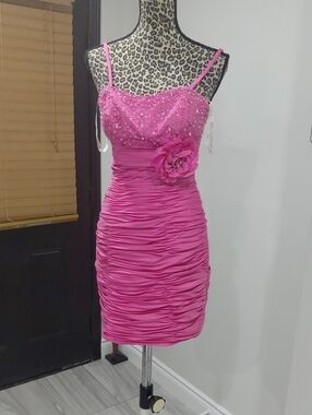 Pink Beaded Ruched Cocktail Dress with Floral Accent